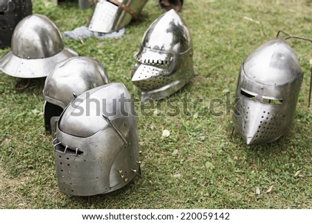 Old medieval helmets, detail of a protective metal skeletons, ancient object