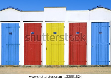 Multi Color beach huts in the VendÃ?Â©e department in the Pays de la Loire region in western France