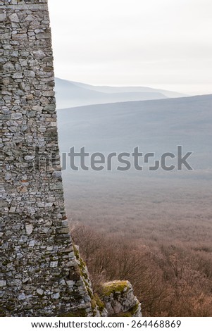 Old stone wall of a medieval castle dominating over the large forest landscape