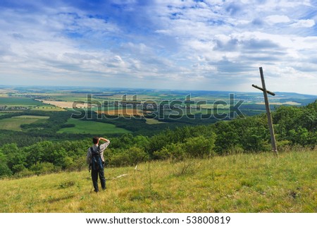 Man on hill have panoramic view at country