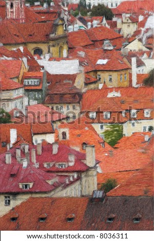 Roofs of Prague, photograph stylized as an old oil painting