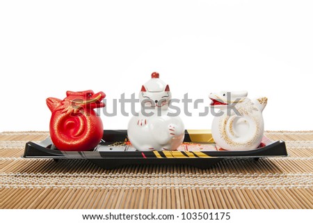 Ceramic cat and dragon on plastic tray isolated on white background