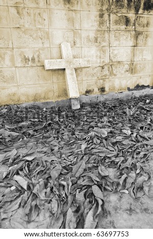 old cross lean on the wall with dry leaves