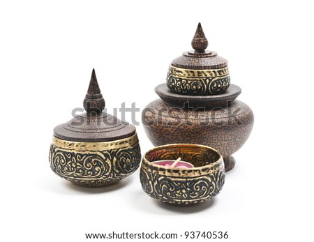 Set of Thai carving brass bowl isolated on white background