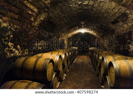Aged traditional wooden vine barrels lined up in cool and dark vine cellar