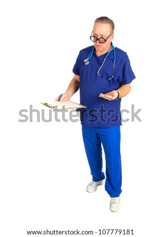 full body image of Male nurse or doctor with chart and stethoscope around neck,  holding a handful of pills, isolated on white
