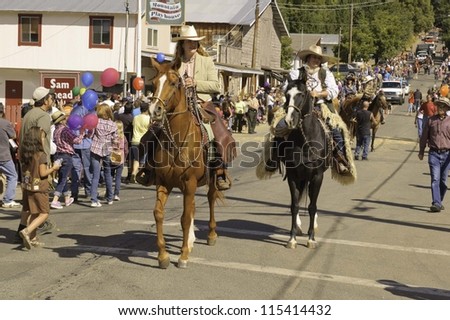 WEST POINT, CA - OCTOBER 6: Unidentified horseback people in the 38th  Lumberjack day  parade, on October 6, 2012 in West Point.