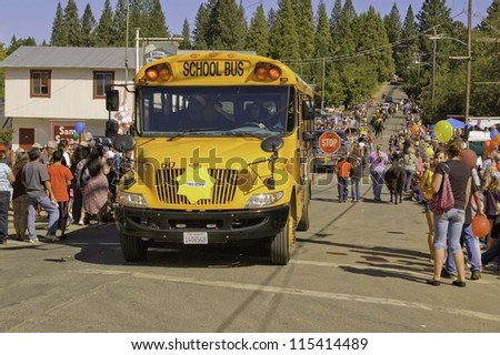 WEST POINT, CA - OCTOBER 6: School bus in the 38th  Lumberjack day  parade, on October 6, 2012 in West Point.