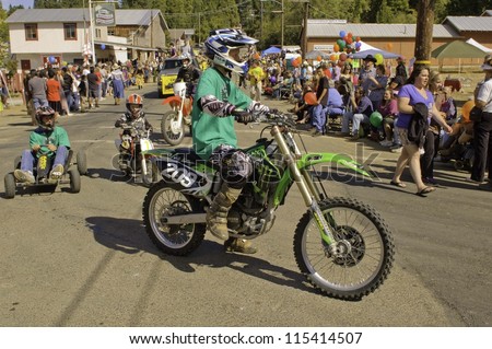 WEST POINT, CA - OCTOBER 6: Unidentified motorcyclist in the 38th  Lumberjack day  parade, on October 6, 2012 in West Point.
