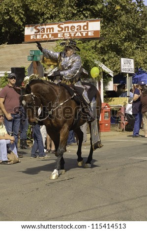 WEST POINT, CA - OCTOBER 6: Unidentified horseback woman in the 38th  Lumberjack day  parade, on October 6, 2012 in West Point.