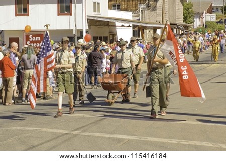 WEST POINT, CA - OCTOBER 6: Unidentified boyscouts celebrating the 38th  Lumberjack day  parade, on October 6, 2012 in West Point.