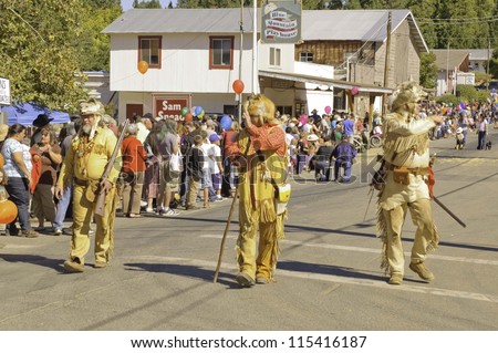 WEST POINT, CA - OCTOBER 6: Unidentified mountain men celebrating the 38th  Lumberjack day  parade, on October 6, 2012 in West Point.