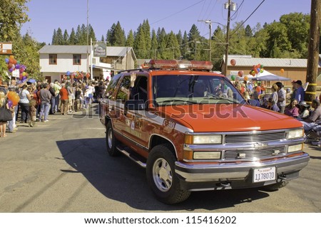 WEST POINT, CA - OCTOBER 6: Emergency services, Fire engines in celebrating the 38th  Lumberjack day  parade, on October 6, 2012 in West Point.