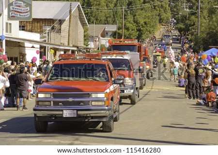 WEST POINT, CA - OCTOBER 6: Emergency services, Fire engines in celebrating the 38th  Lumberjack day  parade, on October 6, 2012 in West Point.