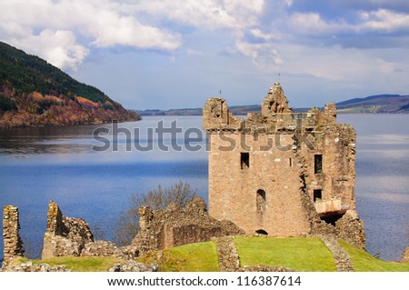 Urquhart Castle on Loch Ness in Scotland the home of the clan Grant, and the place of the most sightings of \