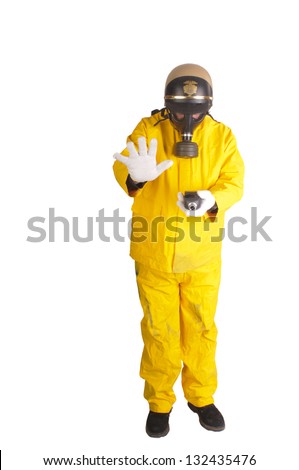 Police officer with Geiger counter in hazmat suit isolated over white
