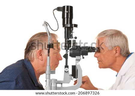Optician, Optometrist or Ophthalmologist checking patient\'s eyes, isolated on white