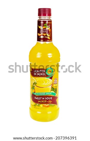 Hayward, CA - July 24, 2014: 1 liter bottle of Master of Mixes, Sweet and Sour mixer