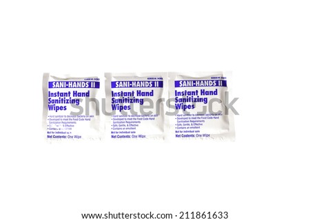 West Point - August 17, 2014: Three packets of  SANI-HANDS II Instant Hand Sanitizing wipes