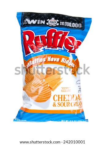 Hayward, CA - January 5, 2015: 8.5 oz packet of RUFFLES brand cheddar and sour cream flavored potato chips