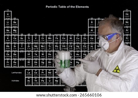 Scientist holding a toxic chemical reaction in front of the periodic table of elements