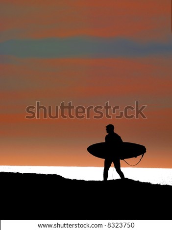 Surfer heading out to sea for the final run of the day as the sun sets
