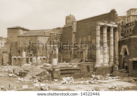 view of the markets of Augustus and Trajan in the Roman forum, Rome, Italy done in a sepia tone