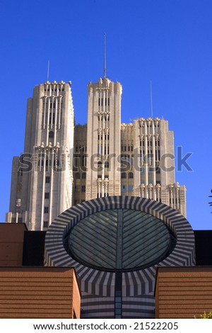 Modern architecture of the Museum of modern art and older architecture in San Francisco