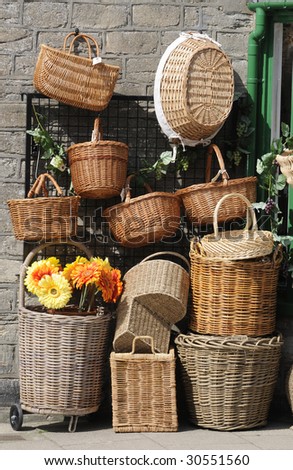 Baskets for sale at a street vendor in Bridport England