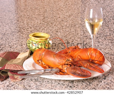 Lobster and wine, a satisfying meal on a white plate sitting on a granite counter