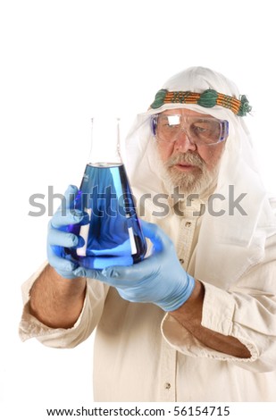 Arabic chemical engineer holding a flask of high octane fuel isolated on white