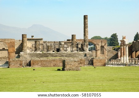 Ancient roman ruins in the destroyed city of Pompeii