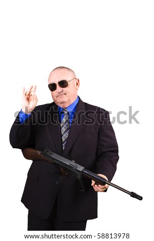 Federal agent with sub-machine gun isolated over white