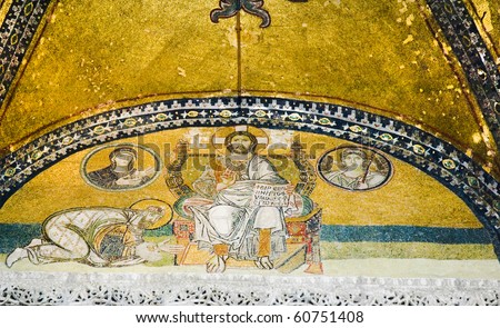 Christian mosaic in the Hagia Sophia in Istanbul, Turkey, a Roman christian cathedral built in the 4th century, later taken over by Muslims and converted into a mosque, now a World Heritage site