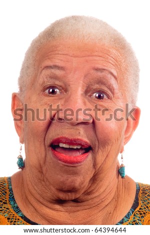 Elderly African American woman with a look of surprise isolated on white