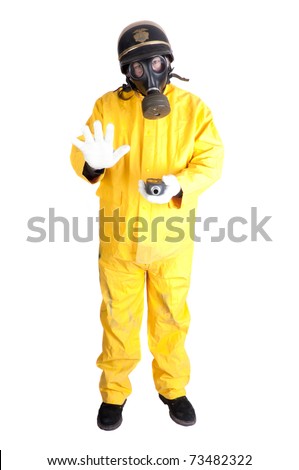Policeman in gas-mask and Hazmat clothing with geiger counter isolated over white background