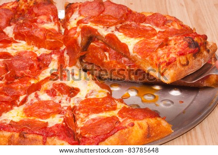 removing a slice of Pepperoni pizza with a spatula  on a pan
