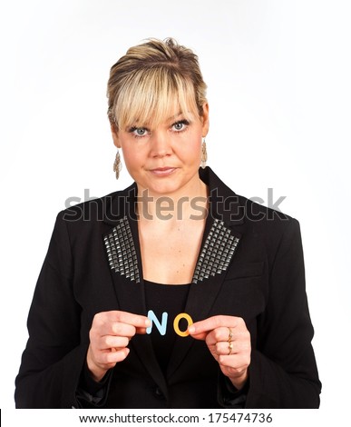 Studio portrait of a cute blond girl holding two letters forming NO