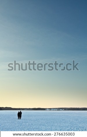 Iced lake in denmark in winter with people on it at sunset