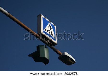 traffic   sign (pedesrian cross) and blue sky close up of old collection vintage cars street lights in a village in denmark