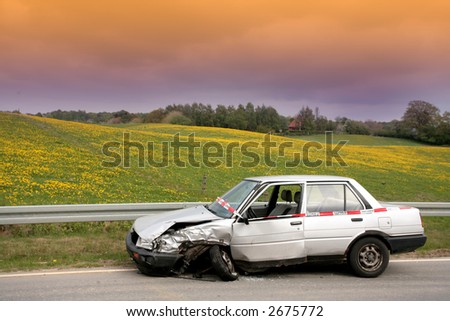 car crash in denmark, accidented car parked on the road side