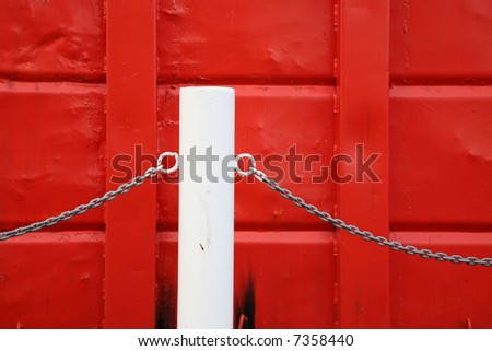 not created abstractions, curves, lines, patterns, white pole fence , chain on red background