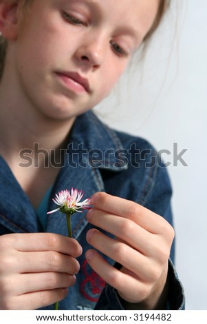 Young girl in a jeans jacket pulling daisy petals