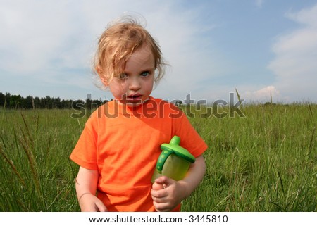 Little girl in an orange t-shirt in the meadow