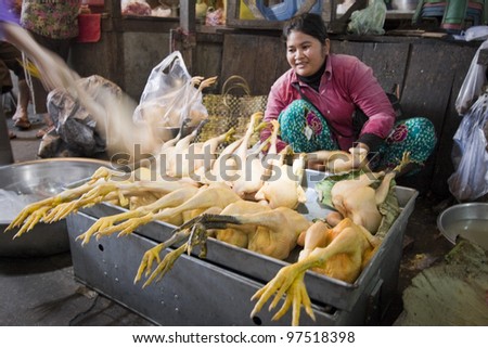 PHNOM PENH CAMBODIA - AUGUST 13: unidentified woman sells meat in a food market, on August 13, 2011, in Phnom Penh, Cambodia. Phnom Penh is the capital city of Cambodia on the banks of  Mekong River.