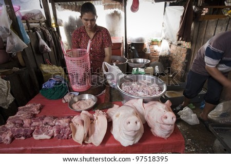PHNOM PENH CAMBODIA - AUGUST 13: unidentified woman sells meat in a food market, on August 13, 2011, in Phnom Penh, Cambodia. Phnom Penh is the capital city of Cambodia on the banks of  Mekong River.