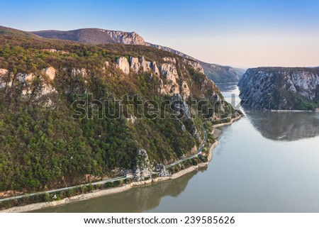 landscape in the Danube Gorges . Cazanele Mari seen from the Romanian side