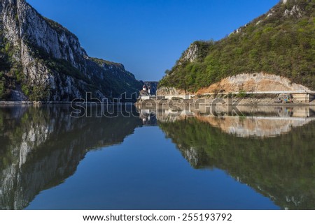 Danube Gorges reflecting in the Danube river, Romania