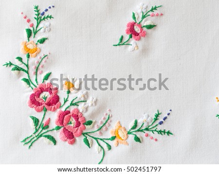traditional Hungarian matyo embroidery motifs. Handmade clothe