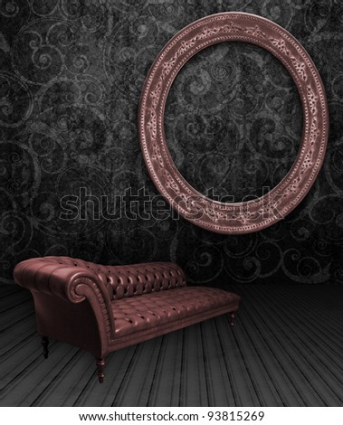 room with couch and oval frame